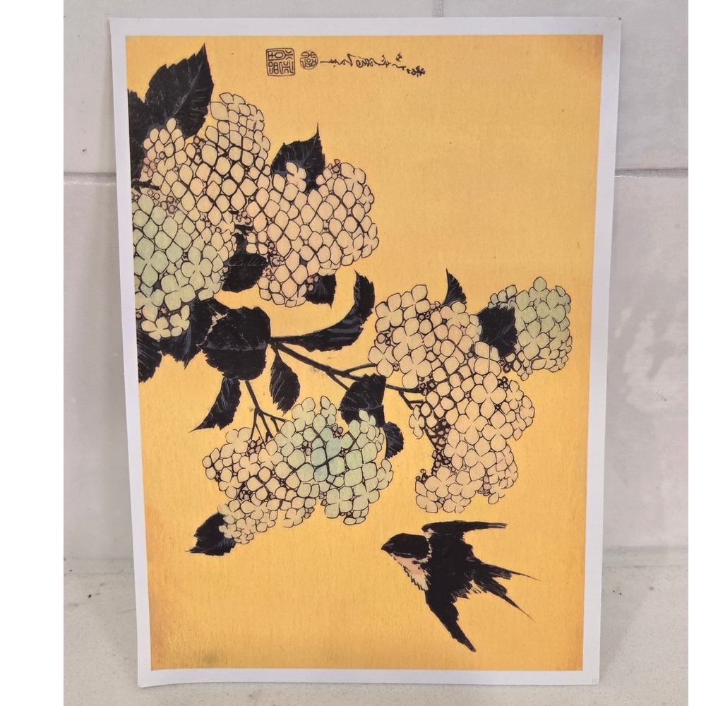 Japanese Ukiyo-e Style Art Print Hydrangea‎ and Swallow Bird Yellow 5x7